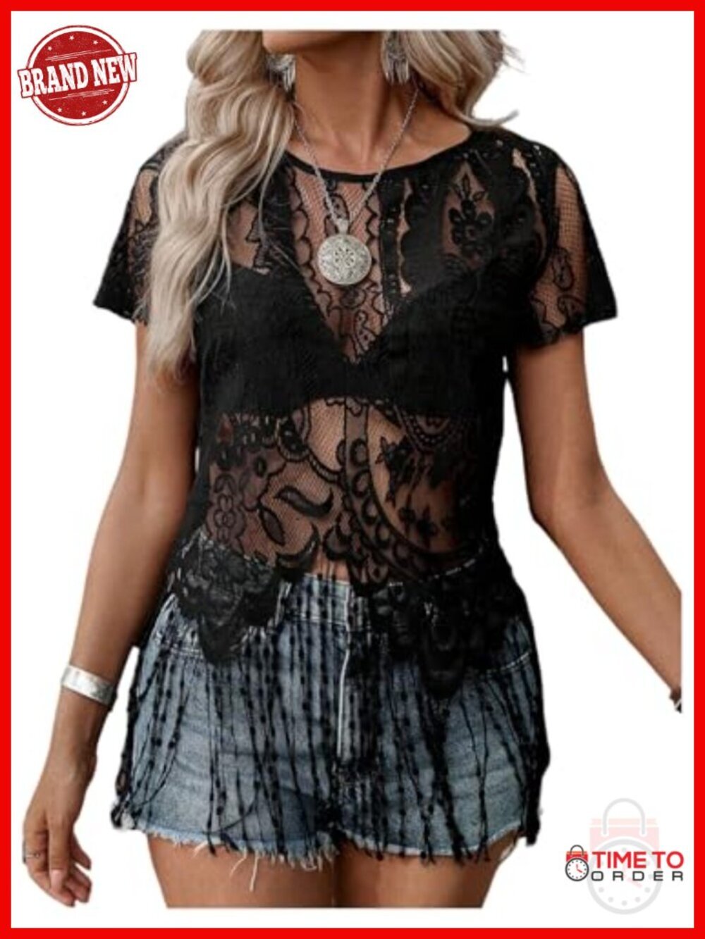 Sheer Fringe Top Short Sleeve Lace See Through T Shirt